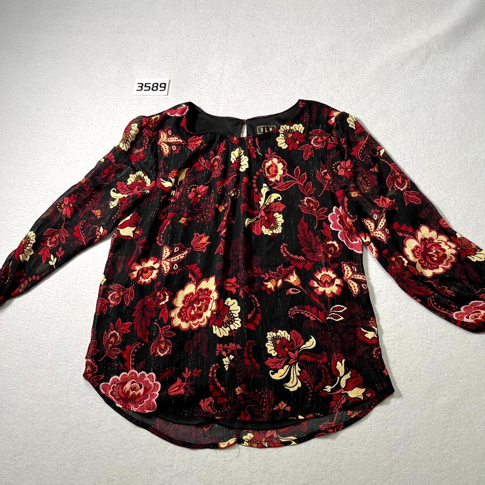 OLM Blouse Top Womens Large Black Floral Keyhole Back Round Neck Puff Sleeve